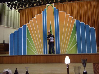 Colorful stage backdrop with trophy