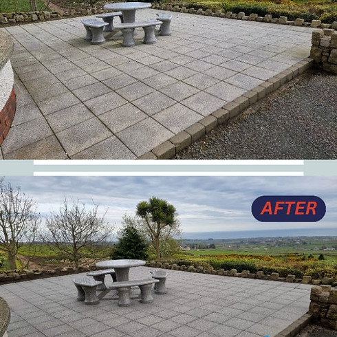 Side-by-side comparison of a patio before and after pressure washing