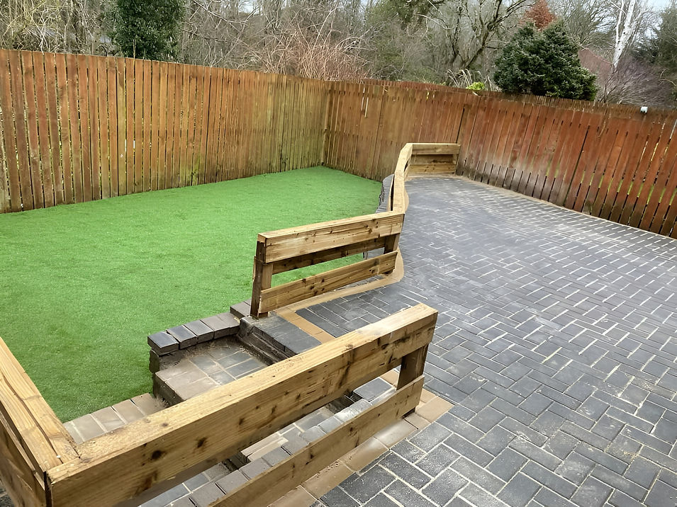 High secure wooden boundary fence enclosing a garden with artificial lawn and paved walkway