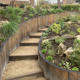 Curved gravel garden steps leading up a terraced slope with rockery and planting