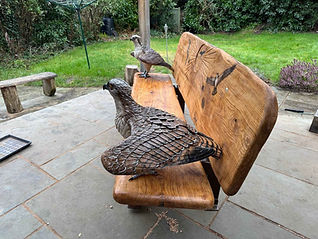 Wooden bench with bird sculptures