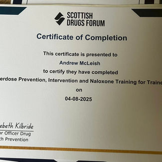 Certificate of Completion from the Scottish Drugs Forum awarded to Andrew McLeish for training in Overdose Prevention