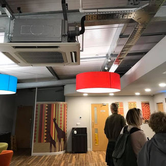 A modern room with a wood floor, colorful ceiling lights, and wall art of giraffes