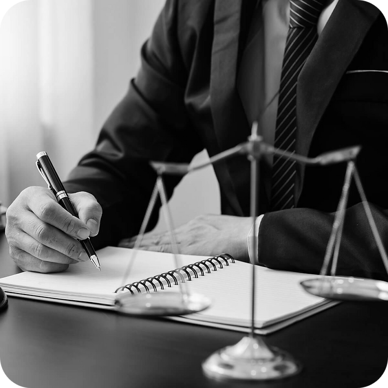 A person in a suit writes in a notebook with a pen, next to a scale of justice