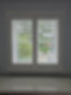 White window shutters partially open, revealing a lush green garden outside