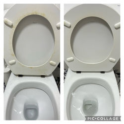 Before and after photo of a stained yellow toilet seat being restored to a clean white finish