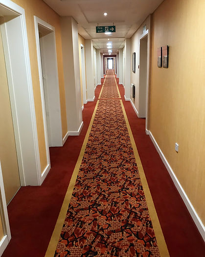 A long, symmetrical hotel hallway features a patterned red carpet