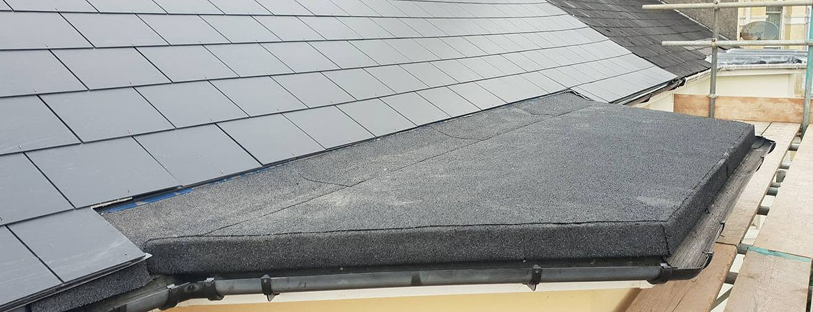 A residential roof showcasing black shingles and a distinct metal roofing area