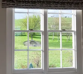 View through a window showing a lush green garden with a picnic table and trees