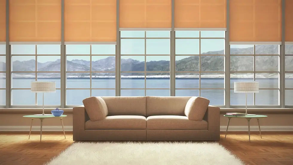 A living room with a beige sofa and round cushions faces large windows