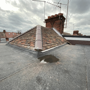 A rooftop with weathered tiles and a chimney is visible under a cloudy sky