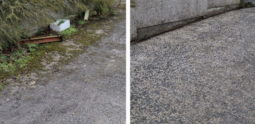 Before and after photos of a driveway.