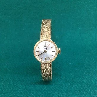 Gold wristwatch on green backdrop