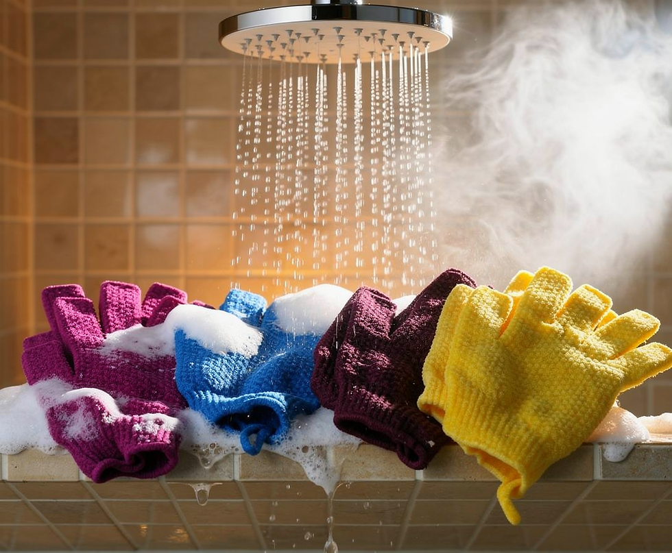 Tipless exfoliating shower gloves in a steamy shower