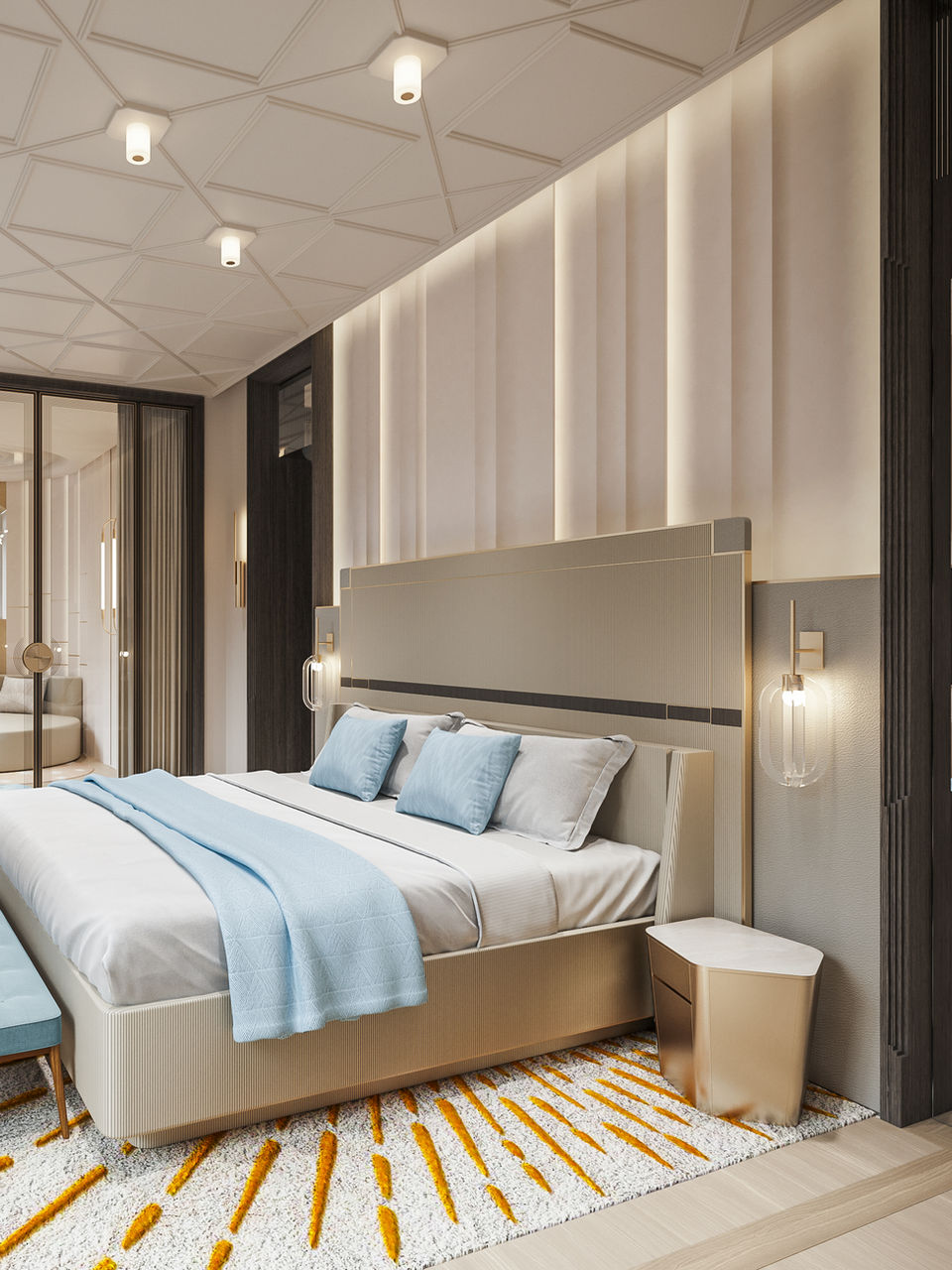 Contemporary bedroom with light wood accents, integrated shelving, and a plush blue and white bed.