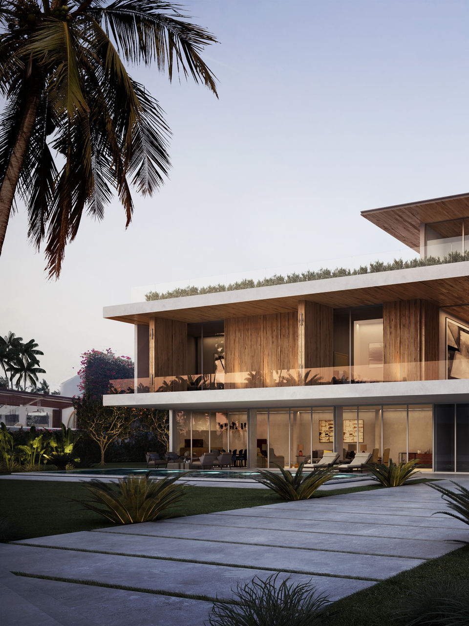 Evening architectural visualization of a modern luxury villa with floor-to-ceiling glass and warm interior lighting.