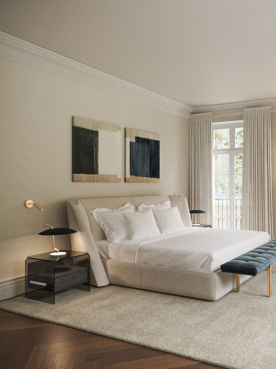 Bright and airy modern bedroom with a neutral color palette, large rug, and clean-lined furniture.