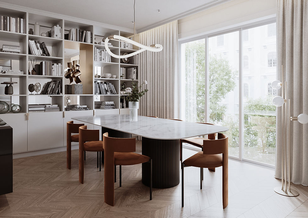 Photorealistic 3D interior visualization of a modern dining room with minimalist furniture and natural lighting