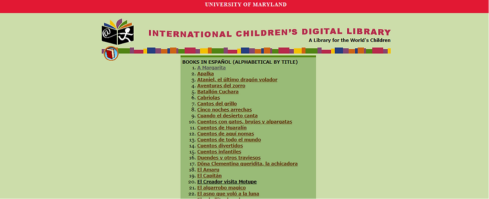 Screenshot of University of Maryland International Children's Digital Library showing a Spanish book list on a green page.