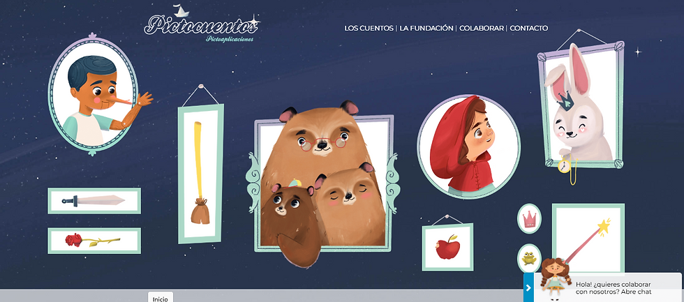 Pictocuentos website homepage with illustrated characters: boy, bears, girl, rabbit, and magic wand on dark blue starry background.
