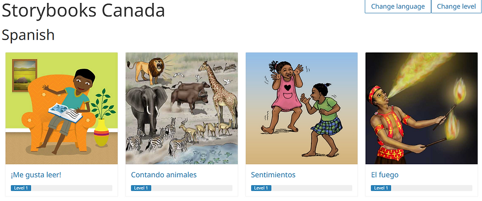 Storybooks Canada Spanish page showing four Level 1 book covers: reading, animals, two girls, and a fire performer.
