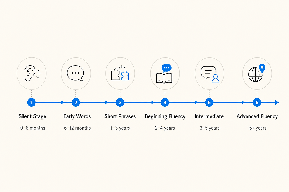 Infographic of 6 language stages from silent stage to advanced fluency, with icons and age ranges on a blue timeline.