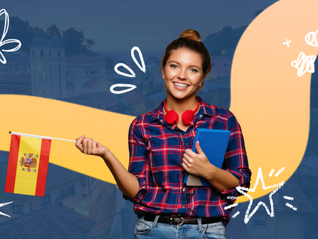 Smiling woman in plaid shirt holds a Spanish flag and blue notebook against a blue city backdrop with doodles.
