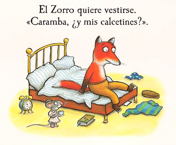 Fox sits on a bed in a bedroom, looking worried, while a mouse holds a cup. Spanish text says he wants to dress.