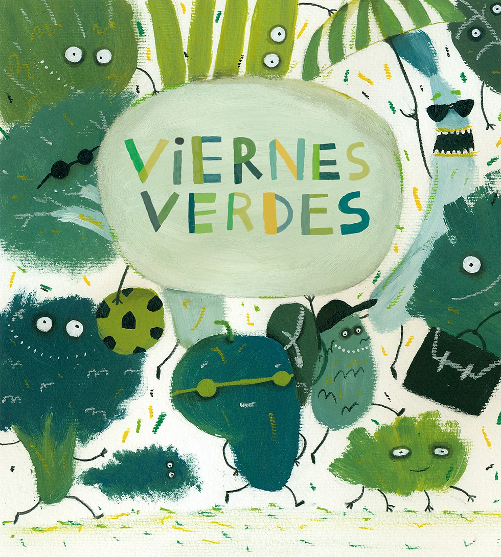 Playful green cartoon monsters surround a pale oval reading VIERNES VERDES on a textured white background.