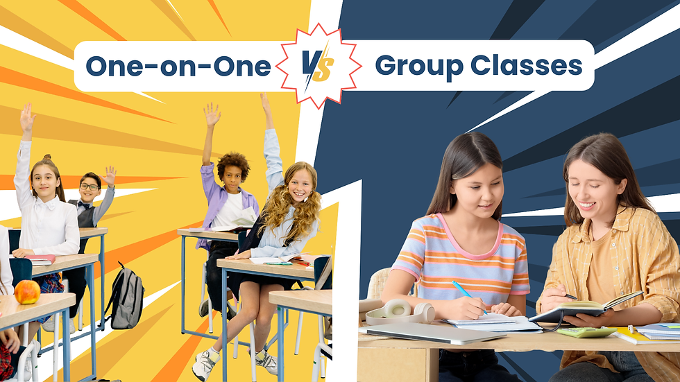 Split graphic: One-on-One vs Group Classes, with students raising hands and two girls studying together at desks.