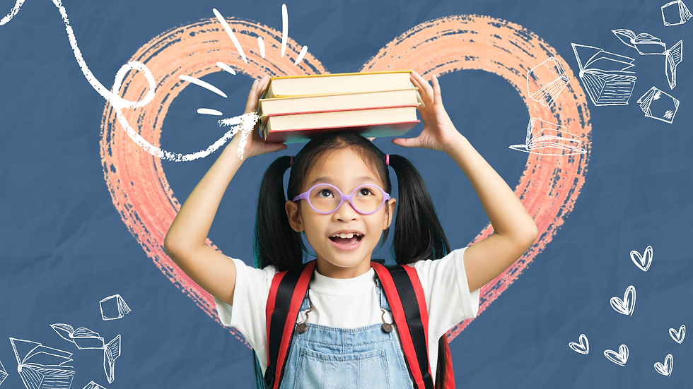 Smiling girl with pigtails and purple glasses balances books on her head against a blue heart doodle background. spanish books for kids