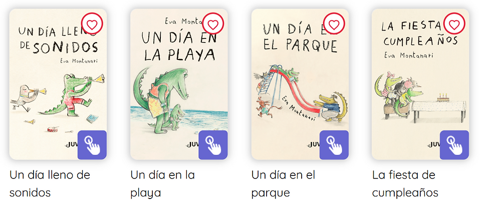 Four Spanish children’s book covers: Un día lleno de sonidos, Un día en la playa, Un día en el parque, and La fiesta de cumpleaños with cartoon animals.Crocodile Stories Collection (Spanish Edition)
Author: Eva Montanari