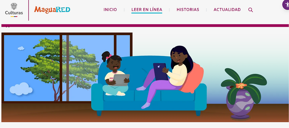 Two girls use tablets on a blue couch in a bright living room with a large window, plant, and MaguaRED website header.