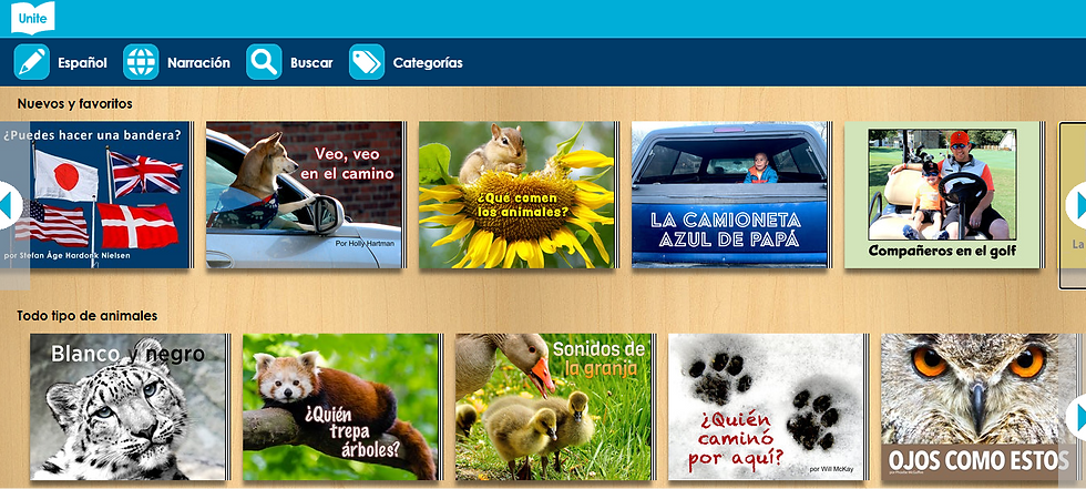 Spanish reading app home screen with animal and activity tiles, top menu icons, and book covers on a wood background. unite for literacy website