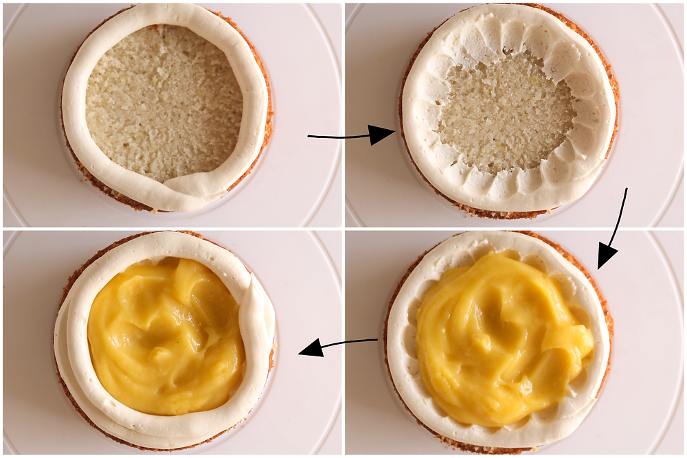 Cake being filled with lemon curd and cream cheese frosting
