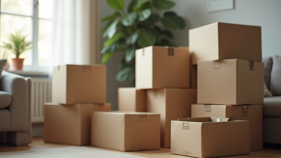Close-up view of moving boxes stacked neatly in a living room