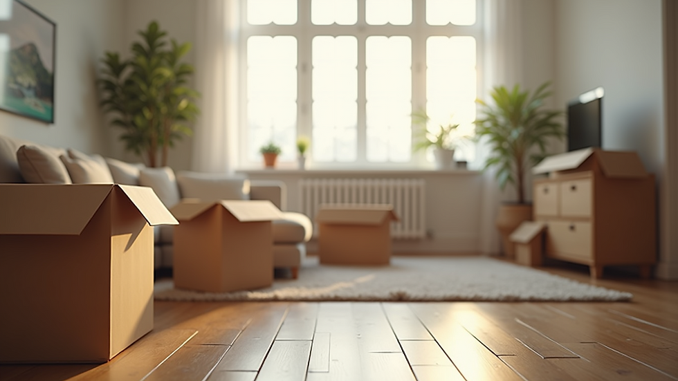 Wide angle view of a newly settled living room with unpacked boxes