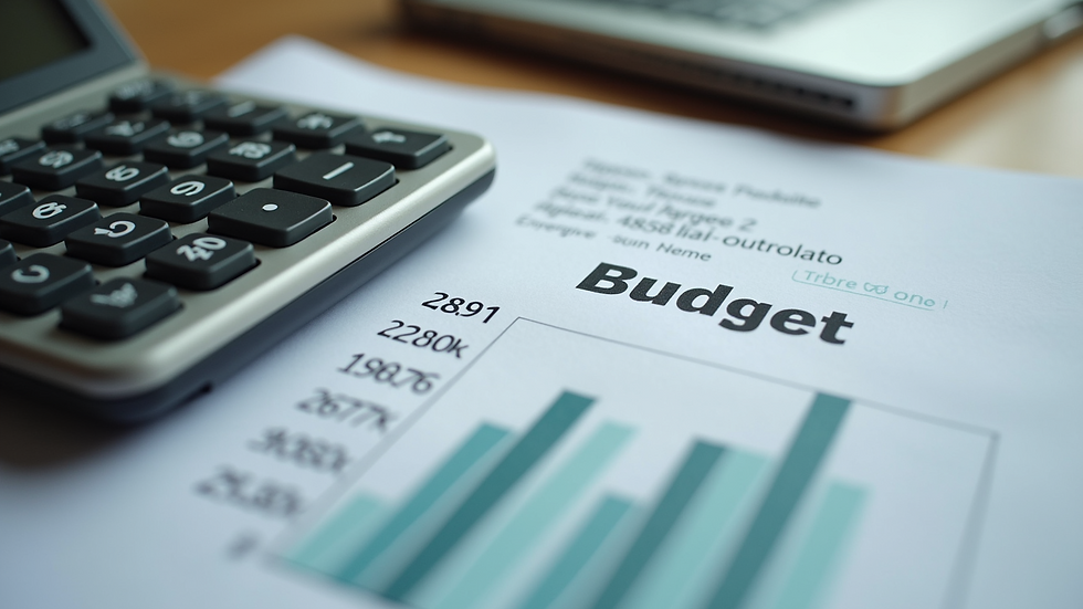 High angle view of a calculator and budget sheet on a desk