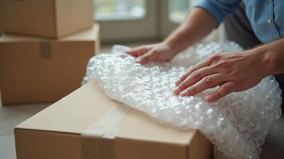 Close-up view of professional movers packing fragile items with bubble wrap