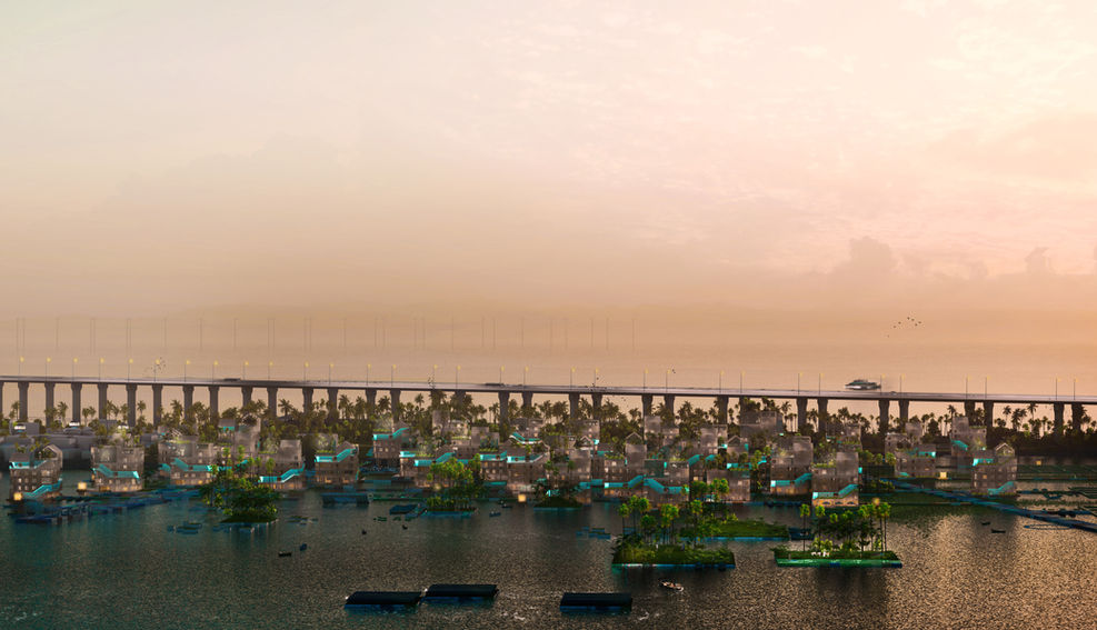 A floating city district in Mumbai made from recycled plastics based on a historical communal typology.