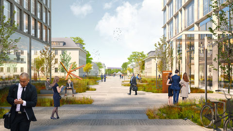 Eyelevel perspective of the  boulevard at the campus with corporate look and feel.