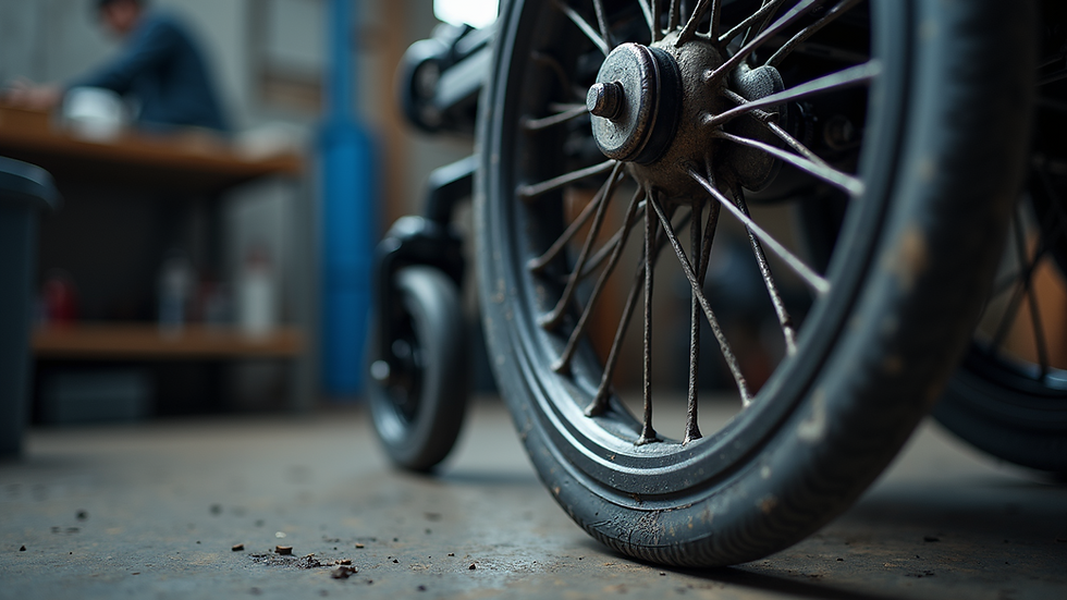 Close-up view of wheelchair tire being repaired in a workshop