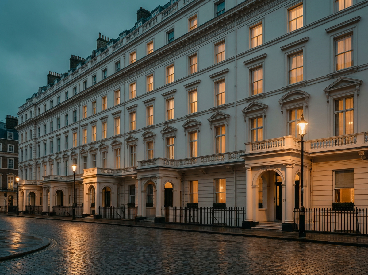 Grand hotel facade in Mayfair, London