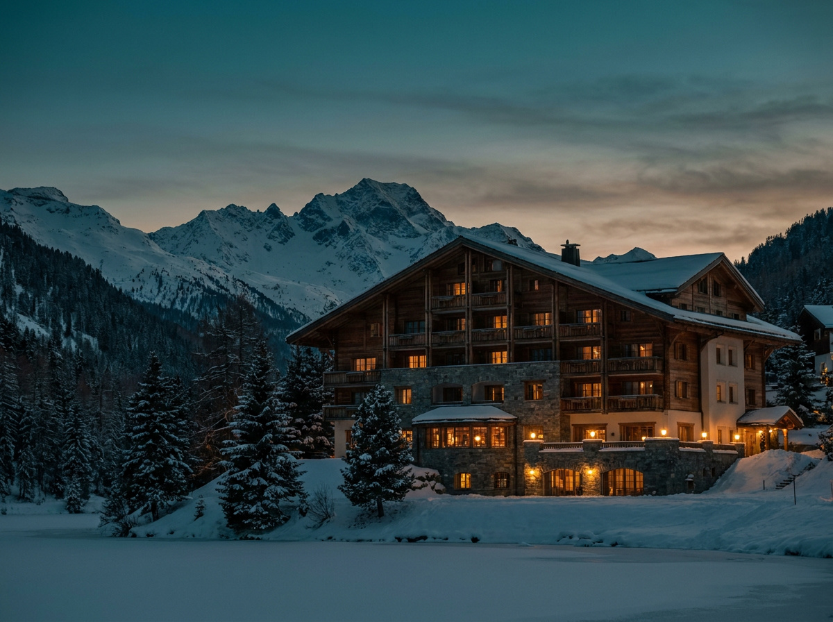 Alpine chalet hotel in the snow