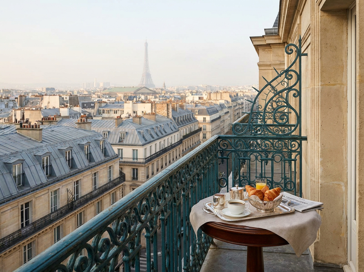 Paris rooftops and the Eiffel Tower from a hotel balcony