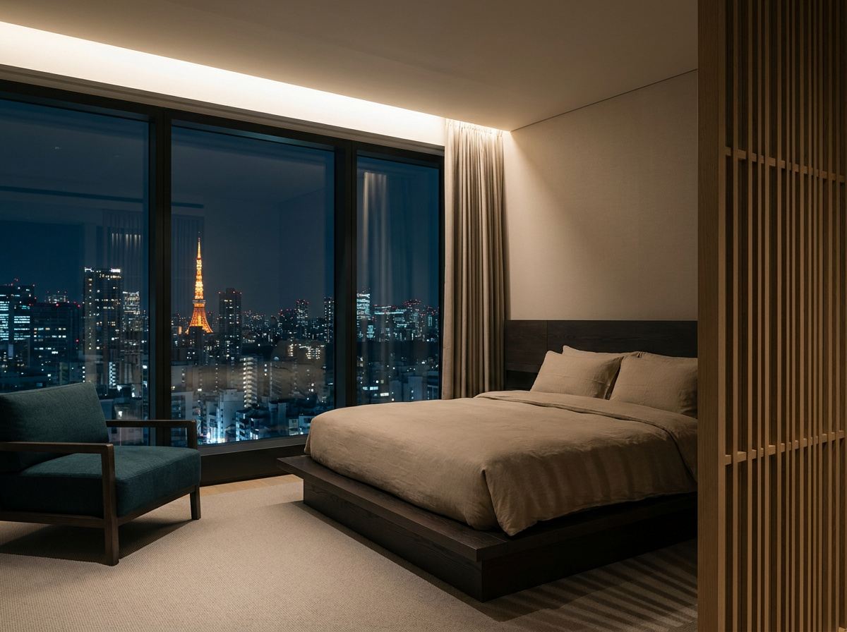 Hotel room above the Tokyo skyline at night