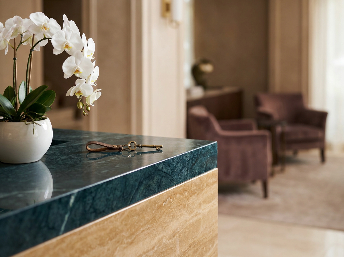 Marble reception desk with a brass key and orchids