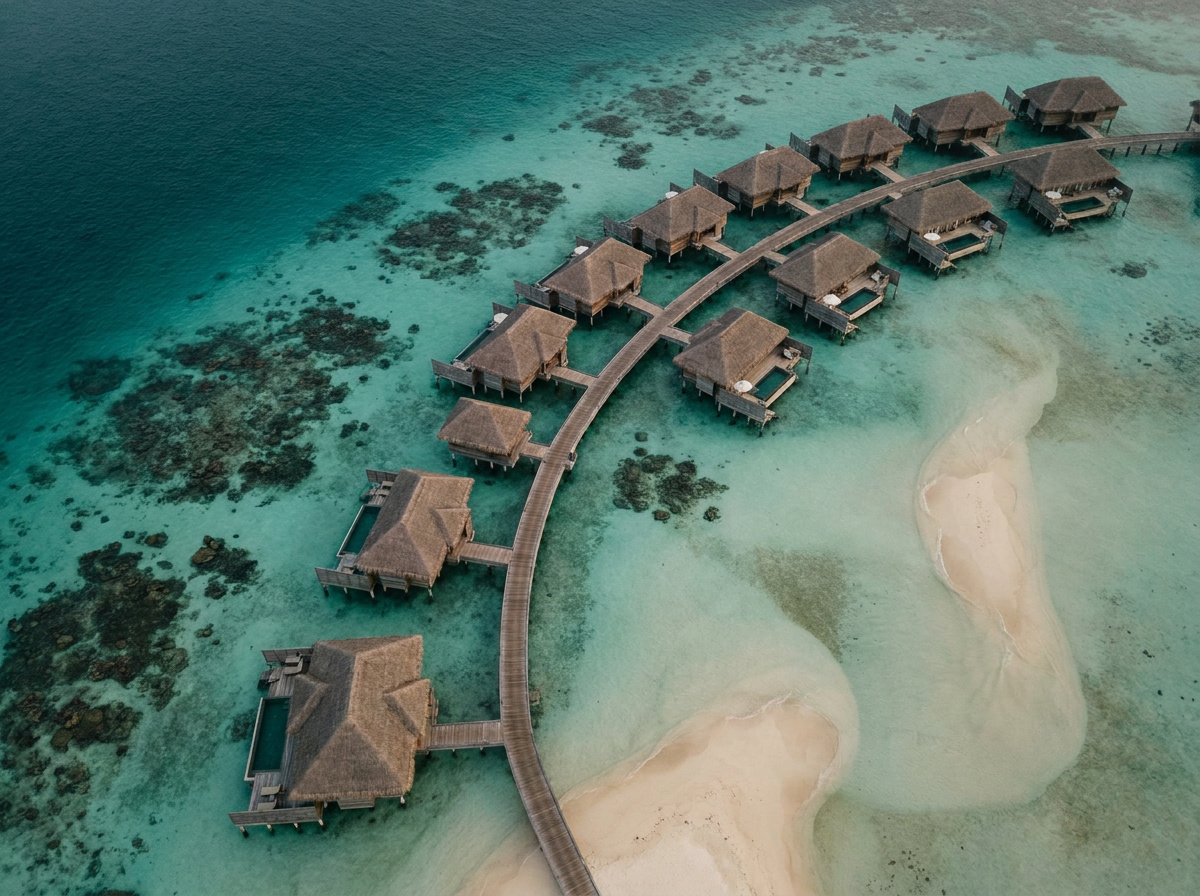 Overwater villas in a Maldives lagoon