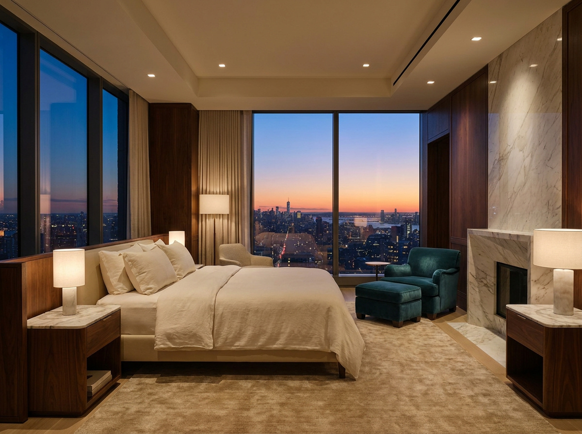 Hotel suite overlooking a city at dusk