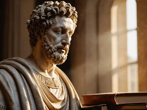 Marmorbüste von Marcus Aurelius mit Büchern in sanftem Licht, symbolisch für stoisches Tagebuchschreiben und Selbstreflexion.